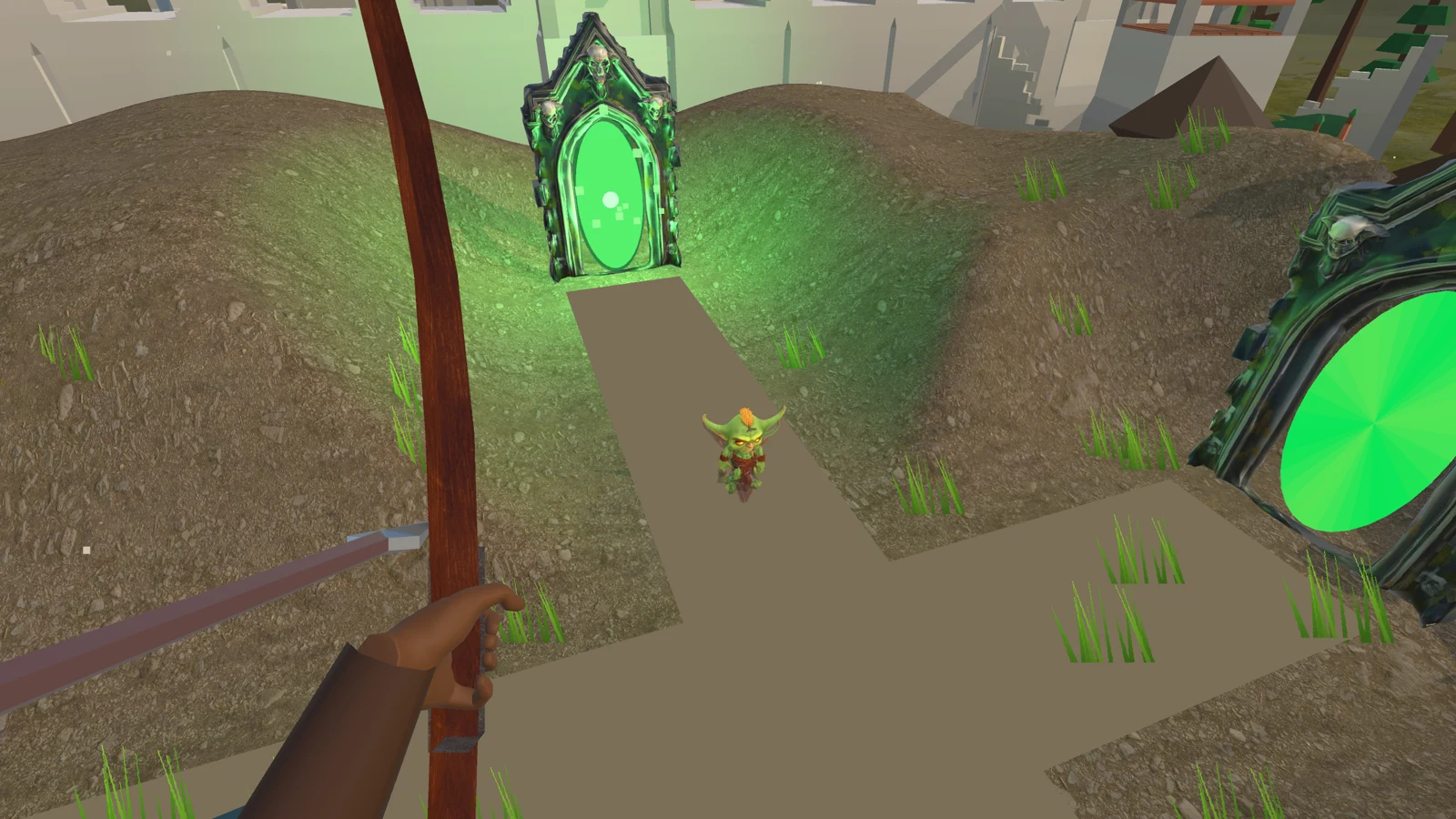 First-person archery from a tower overlooking the battlefield