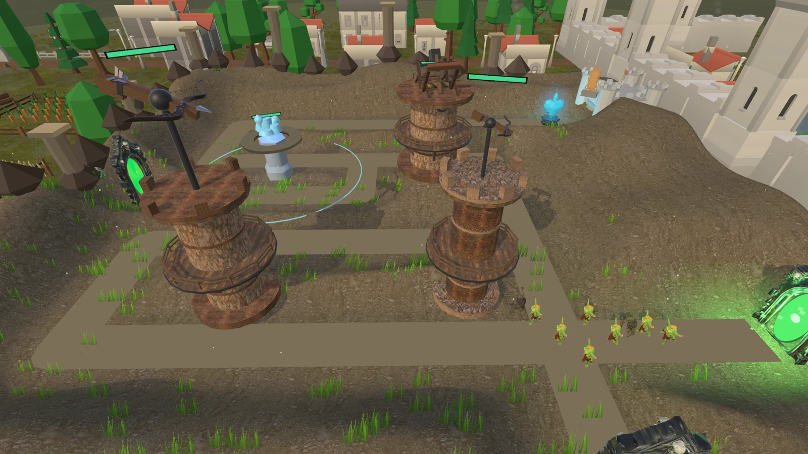 A medieval battlefield with towers defending the village against incoming goblins